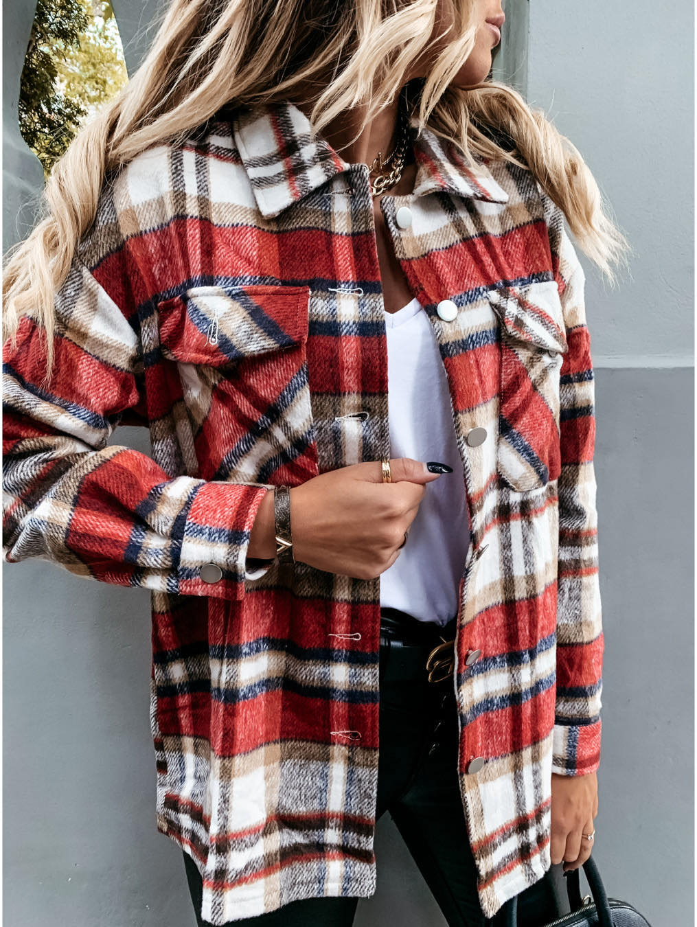 Autumn Long Sleeve Large Pocket Loose Women  Plaid Shacket Mid Length Coat