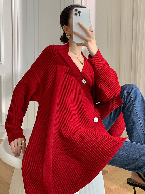 Stylish A-Line Long Sleeves Loose Solid Color V-Neck Cardigan Tops