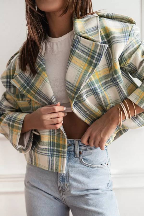 Women Fall/Winter Turndown Collar Plaid Print Jacket