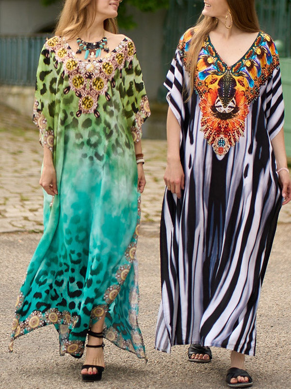 Batwing Sleeves Loose Leopard Printed Split-Side V-Neck Beach Cover-Up Maxi Dresses