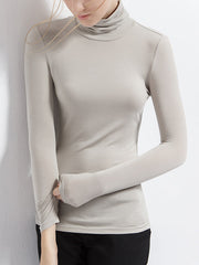 Simple Long Sleeves Skinny Solid Color High-Neck T-Shirts