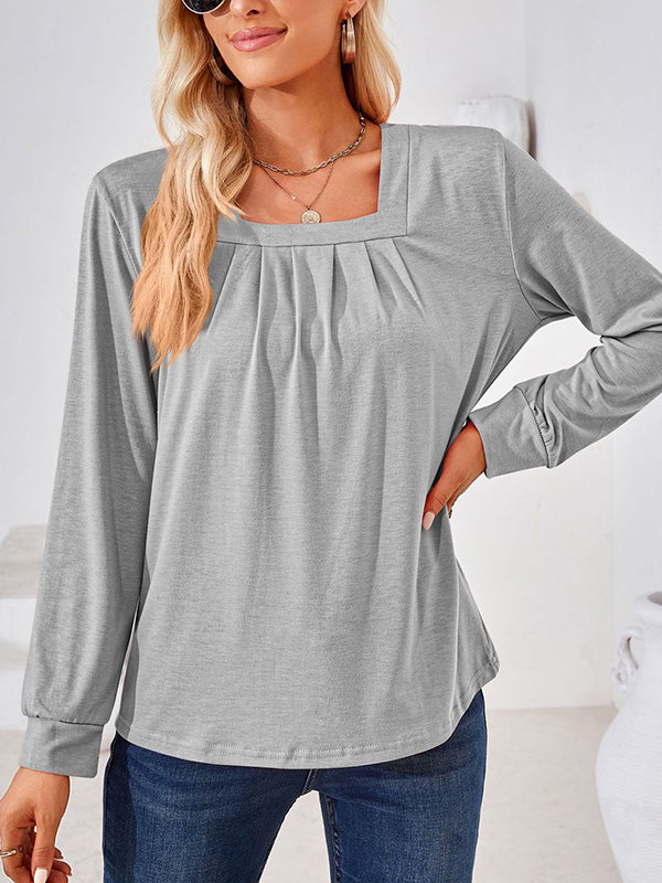 Long Sleeves Loose Pleated Solid Color Square-Neck T-Shirts Tops