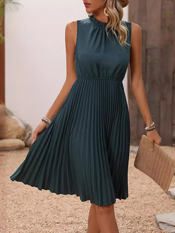 A-Line Loose Elasticity Pleated Solid Color Split-Joint Mock Neck Midi Dresses