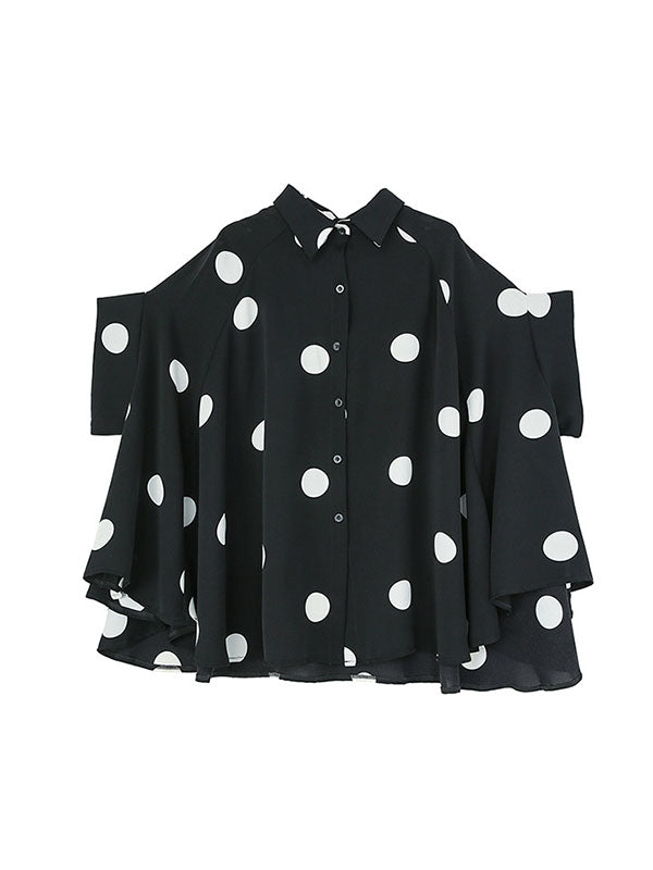 Batwing Sleeves High-Low Polka-Dot Lapel Blouses&Shirts Tops