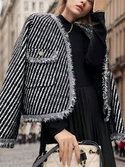 Long Sleeves Loose Fringed Split-Joint Striped Jackets Outerwear