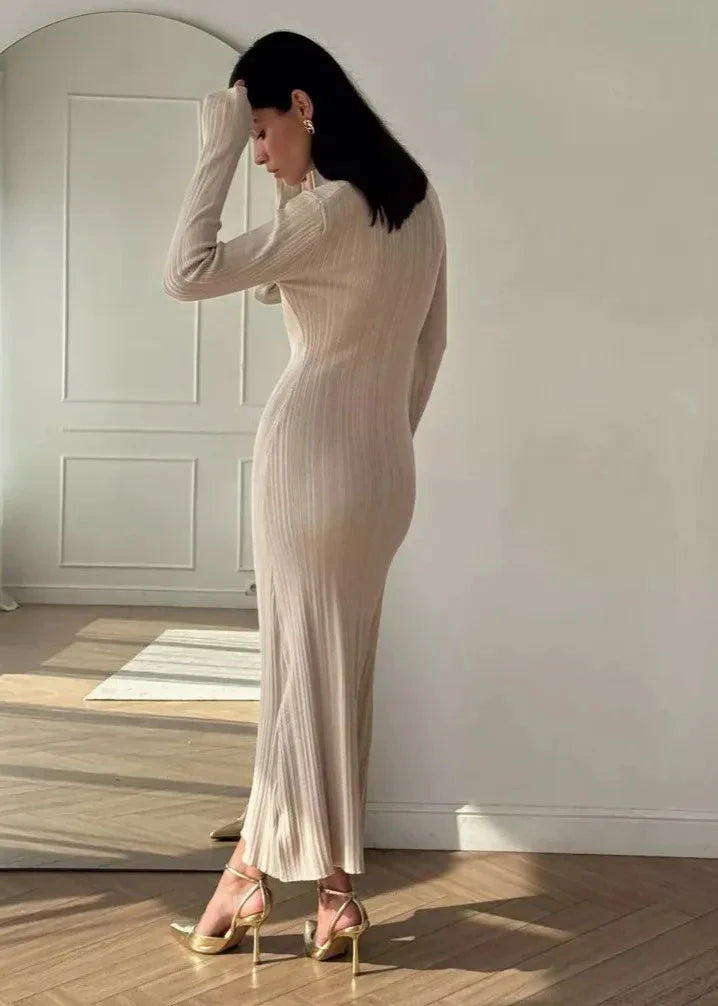 Elegant Ribbed Knit Long Sleeve Dress