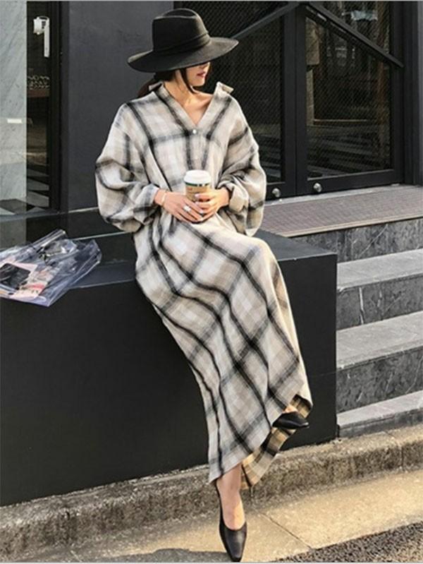 Big Plaid Lace-up Long Shirt Dress