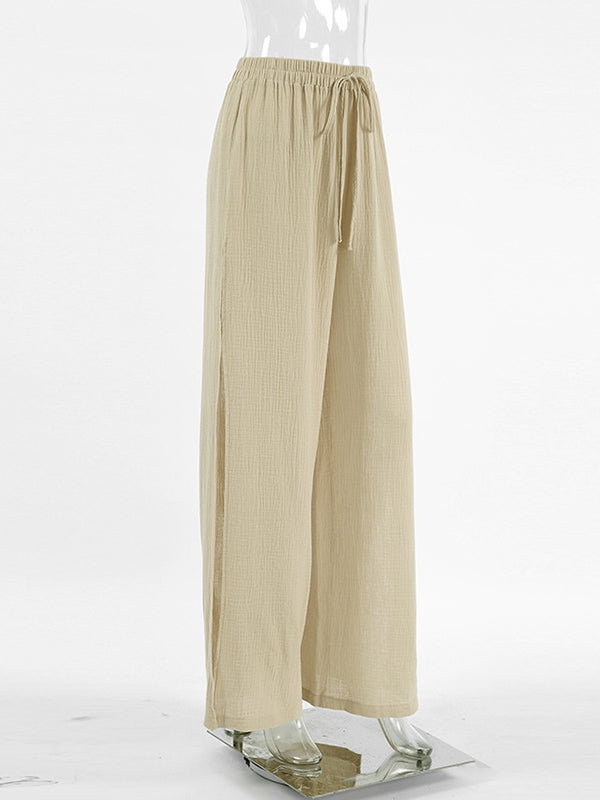 High Waisted Loose Drawstring Elasticity Solid Color Split-side Pants Trousers