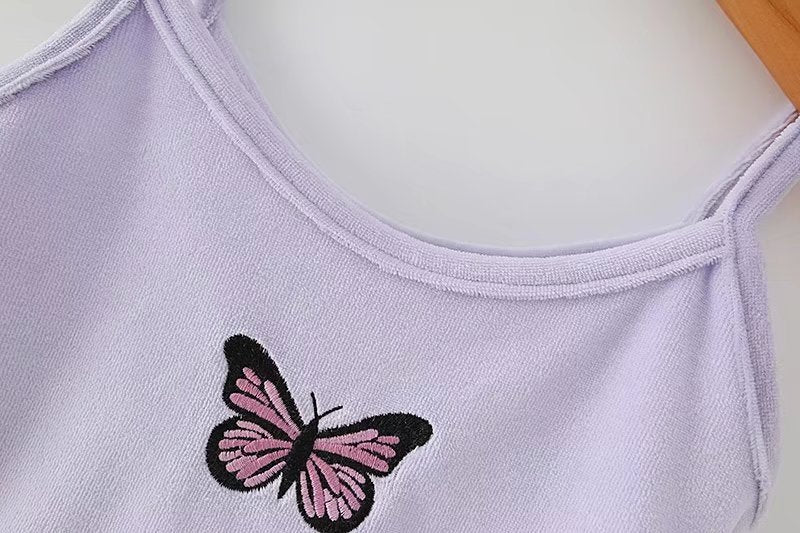 Summer New Butterfly Embroidered Velvet Short Top