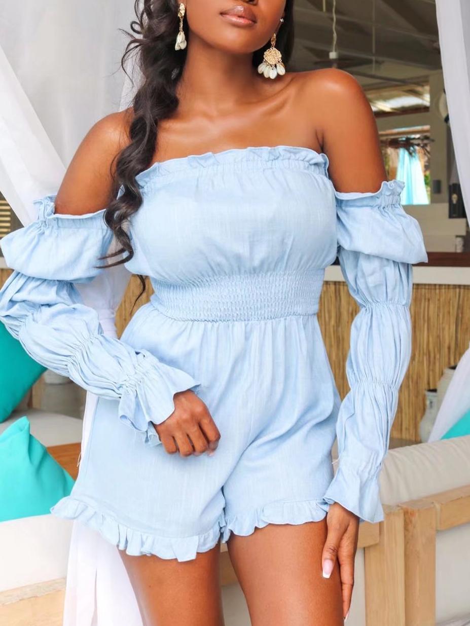 Sexy off-the-Shoulder Lotus Rhizome Node Long Sleeve Fresh Sweet Women Clothing Spring Summer Wooden Ear  Romper