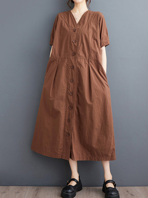 A-Line Loose Buttoned Pockets Solid Color V-Neck Midi Dresses