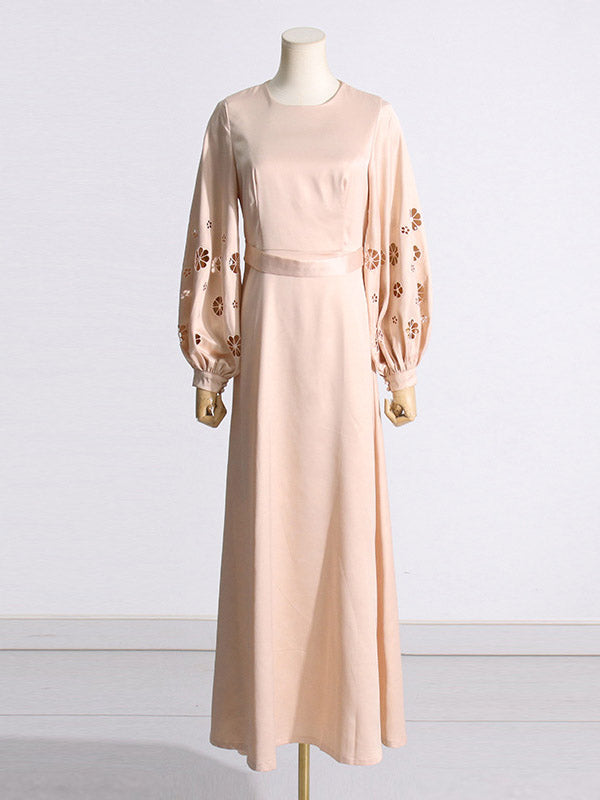 A-Line Long Sleeves Hollow Solid Color Round-Neck Maxi Dresses