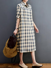 Half Sleeves Loose Plaid Lapel Midi Dresses