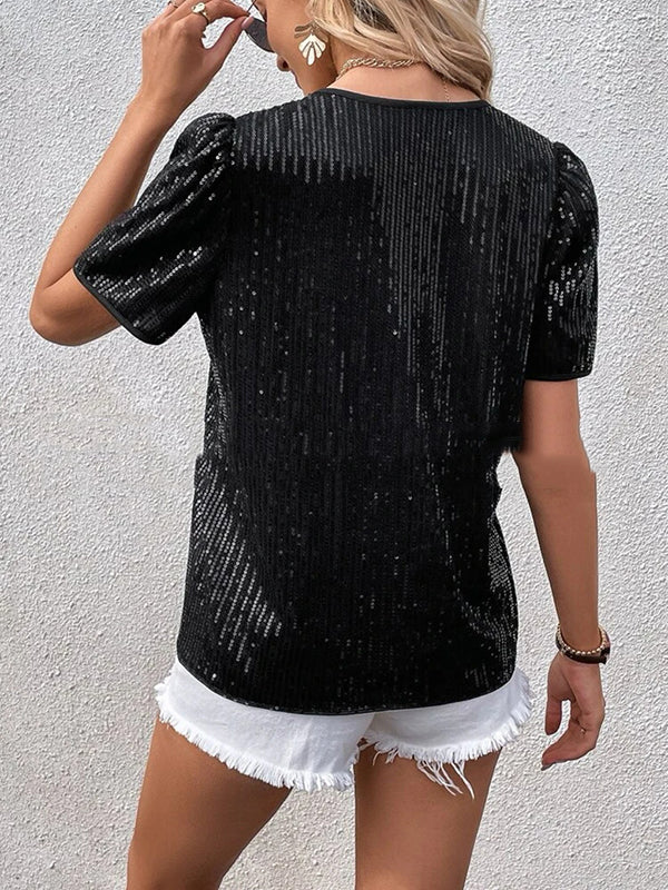 Loose Short Sleeves Sequined Shiny Split-Joint V-Neck T-Shirts