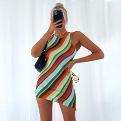 Women Clothing Summer Slim Sleeveless round Neck Color Stripes Striped Dress for Women