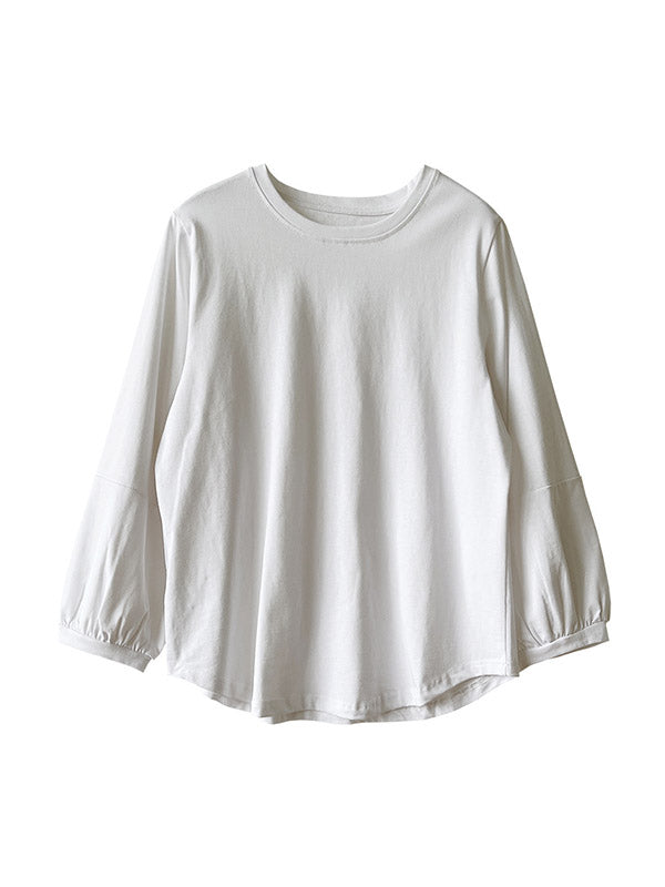 Long Sleeves Loose Pleated Solid Color Round-Neck T-Shirts Tops