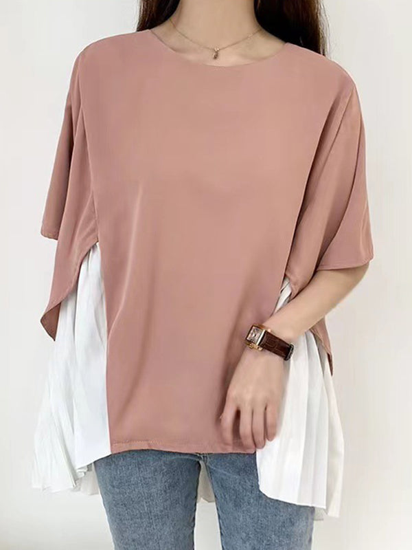 High-Low Loose Pleated Split-Joint Round-Neck T-Shirts Tops