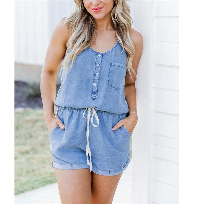 V-Neck Sleeveless Denim Jumpsuit Shorts