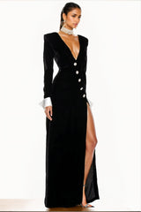 Nico V-neck Diamante Slit Velvet Maxi Dress