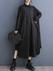 A-Line Long Sleeves Buttoned Hollow Pleated Pockets Solid Color Lapel Midi Dresses Shirt Dress