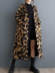 Long Sleeves Loose Buttoned Leopard Pockets Split-Joint V-Neck Outerwear Trench Coats