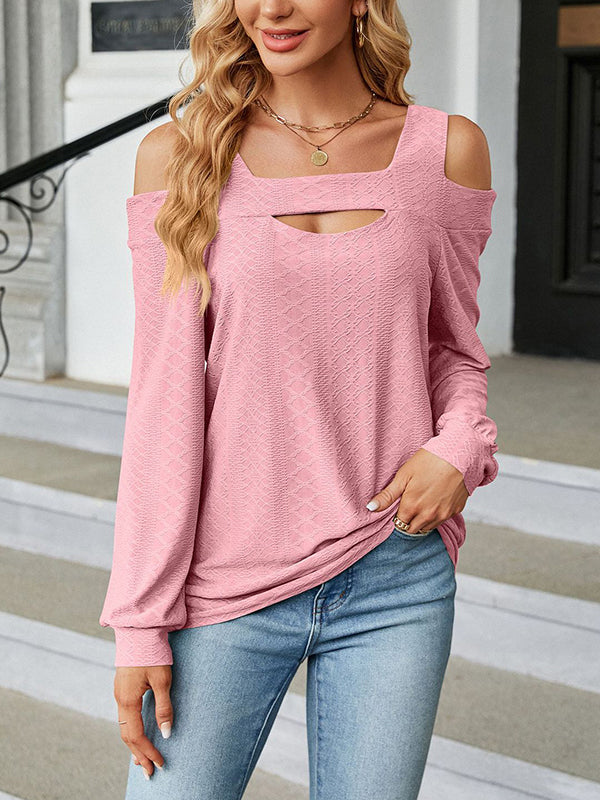 Long Sleeves Loose Hollow Jacquard Solid Color U-Neck T-Shirts Tops