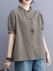 Loose Oversize Plaid Pleated Split-Joint V-Neck Blouses