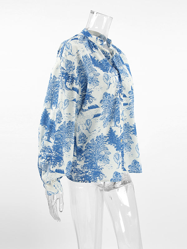 Loose Puff Sleeves Floral Printed Pleated Split-Joint Stand Collar Blouses&Shirts Tops