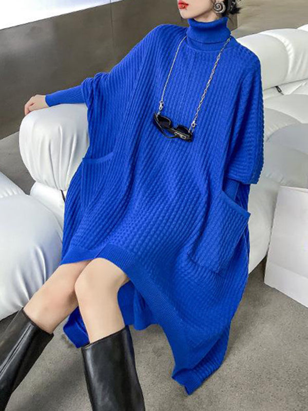 Batwing Sleeves High-Low Pockets Solid Color High-Neck Midi Dresses Sweater Dresses