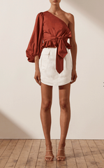 Spring Summer Brick Red One-Shoulder Top Ruffled Tied Short Shirt