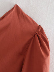 Spring Summer Brick Red One-Shoulder Top Ruffled Tied Short Shirt