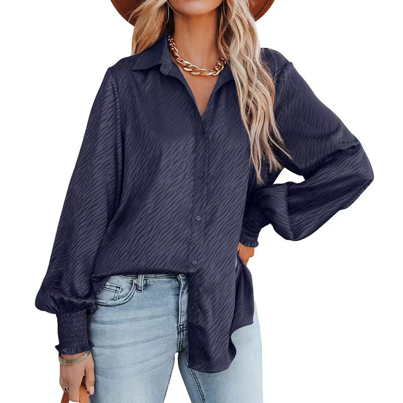 Women Clothing Zebra Pattern Collared Breasted Loose Top Lantern Long Sleeve Shirt for Women