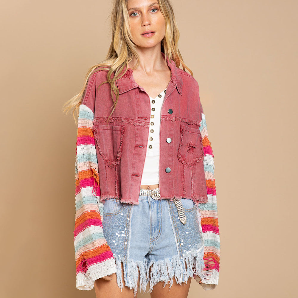 Autumn Winter Women’s Rainbow Long Sleeve Denim Jacket – Popular Splicing Coat