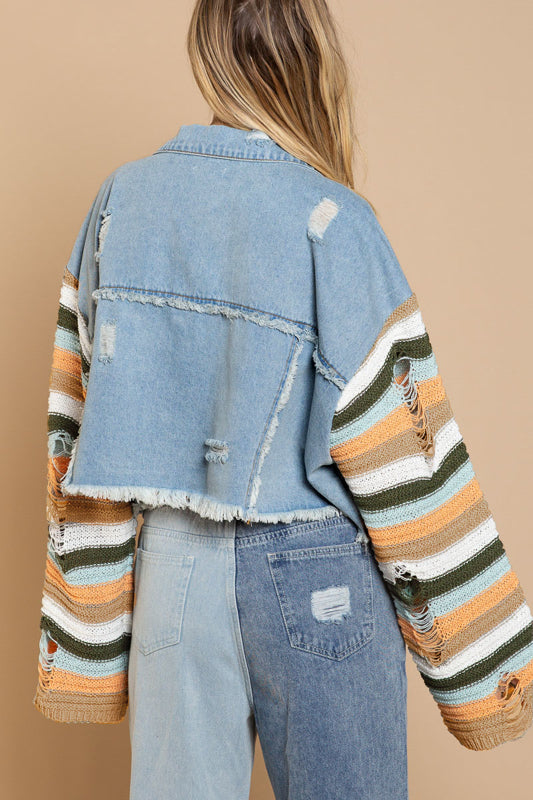 Autumn Winter Women’s Rainbow Long Sleeve Denim Jacket – Popular Splicing Coat