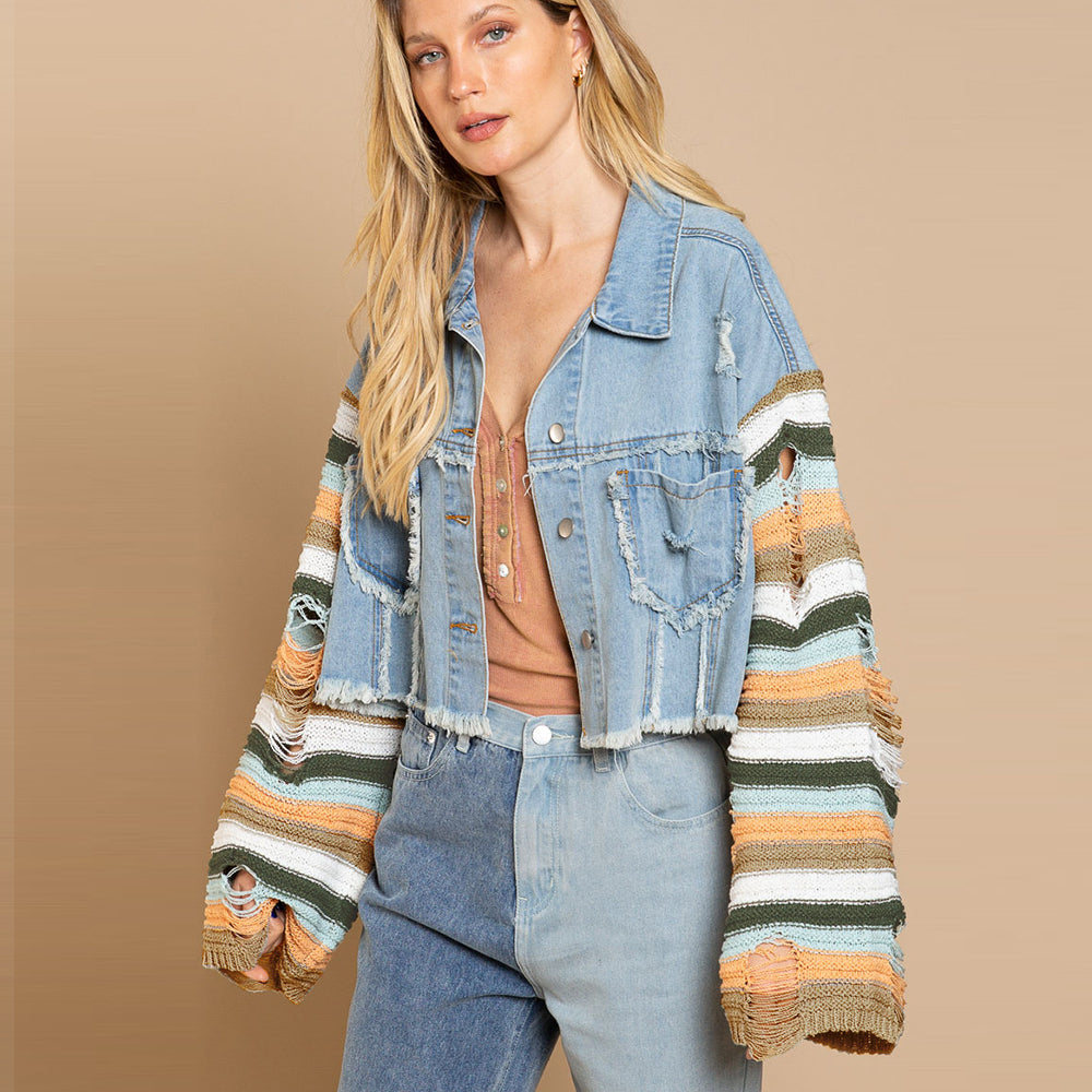 Autumn Winter Women’s Rainbow Long Sleeve Denim Jacket – Popular Splicing Coat