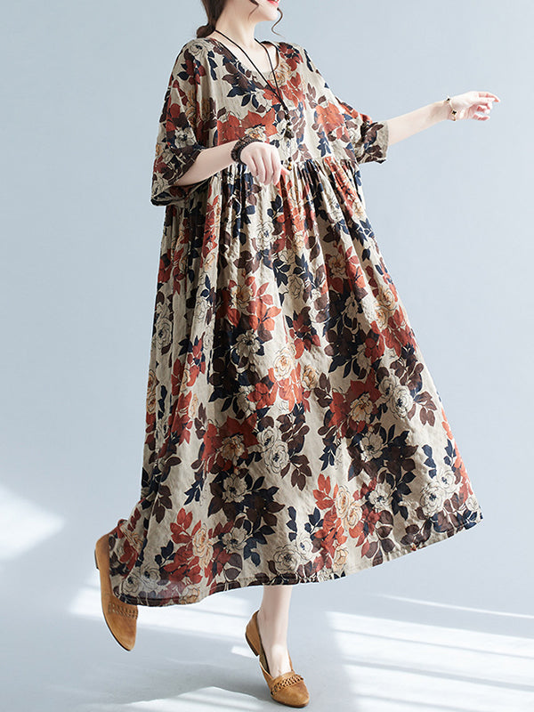 Loose Puff Sleeves Floral Printed Round-Neck Midi Dresses