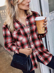 Women Clothing Autumn Winter Plaid Shirt Mid-Length Loose Lapels Cardigan Shirt