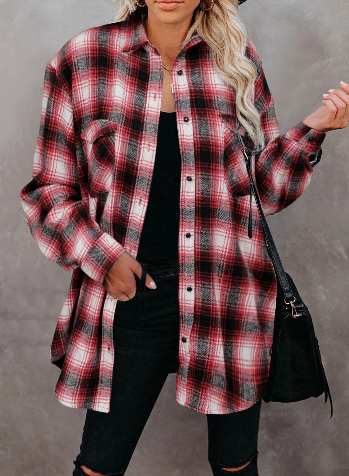 Women Clothing Autumn Winter Plaid Shirt Mid-Length Loose Lapels Cardigan Shirt