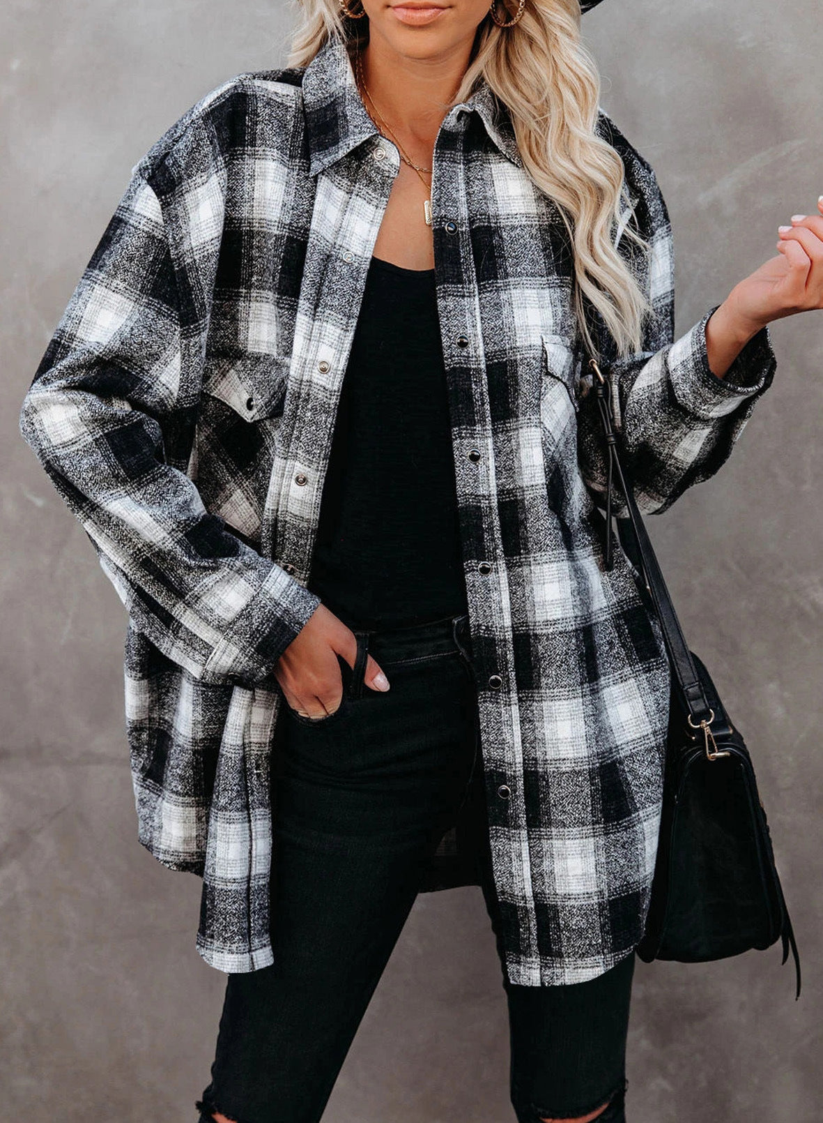 Women Clothing Autumn Winter Plaid Shirt Mid-Length Loose Lapels Cardigan Shirt