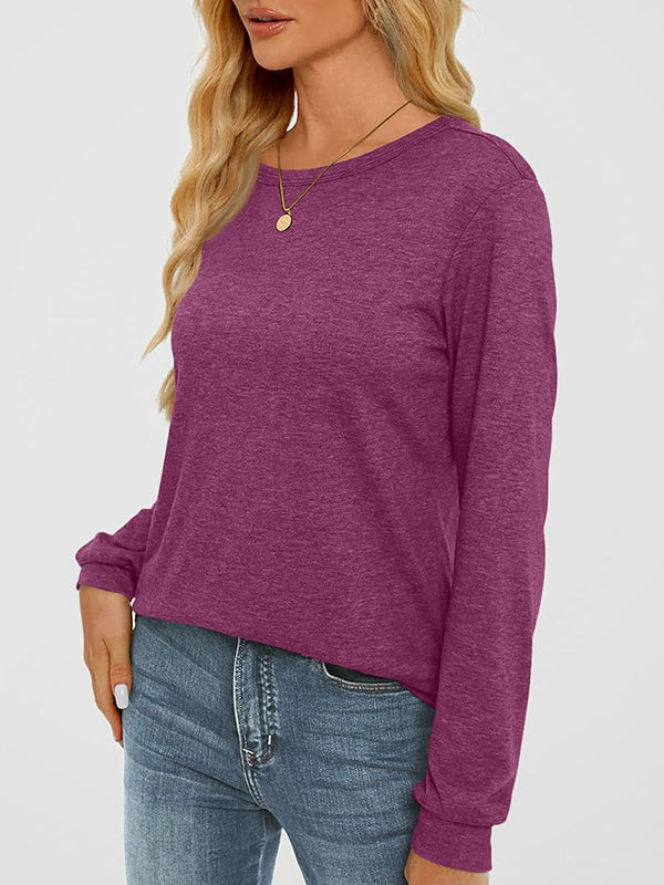 Long Sleeves Loose Solid Color Round-Neck T-Shirts Tops