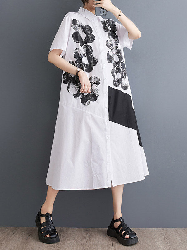 A-Line Loose Asymmetric Buttoned Flower Print Lapel Midi Dresses Shirt Dress