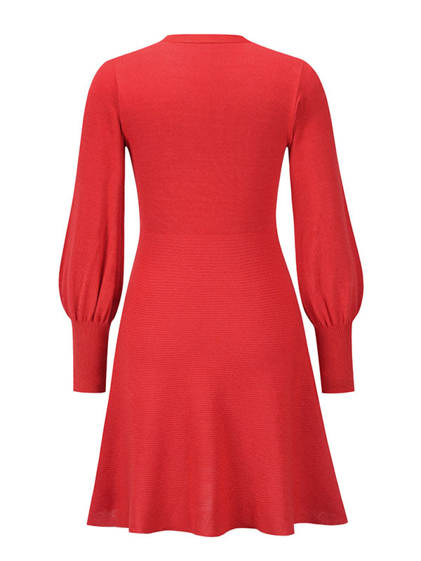 Puff Sleeves Wrap Solid Color Round-Neck Sweater Dress