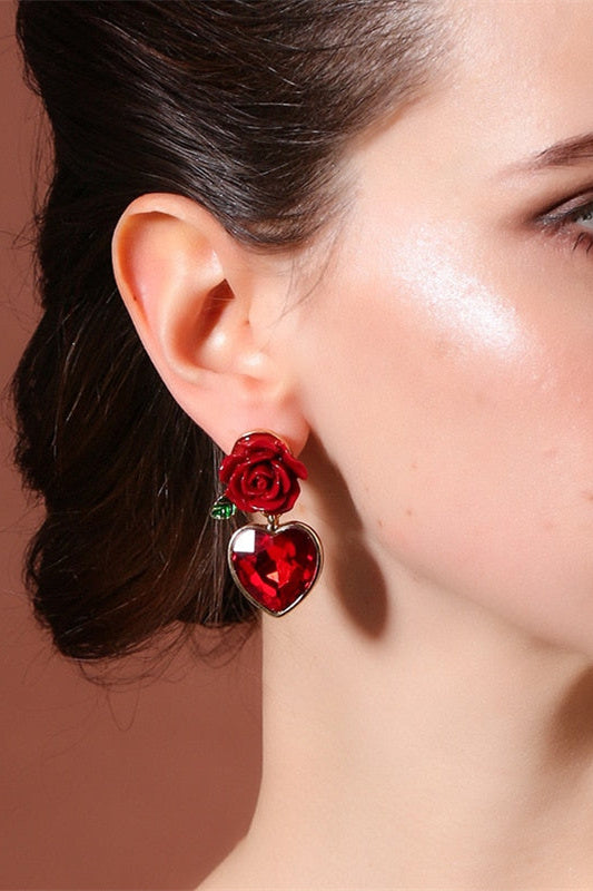 Vintage Rose Heart Drop Earrings