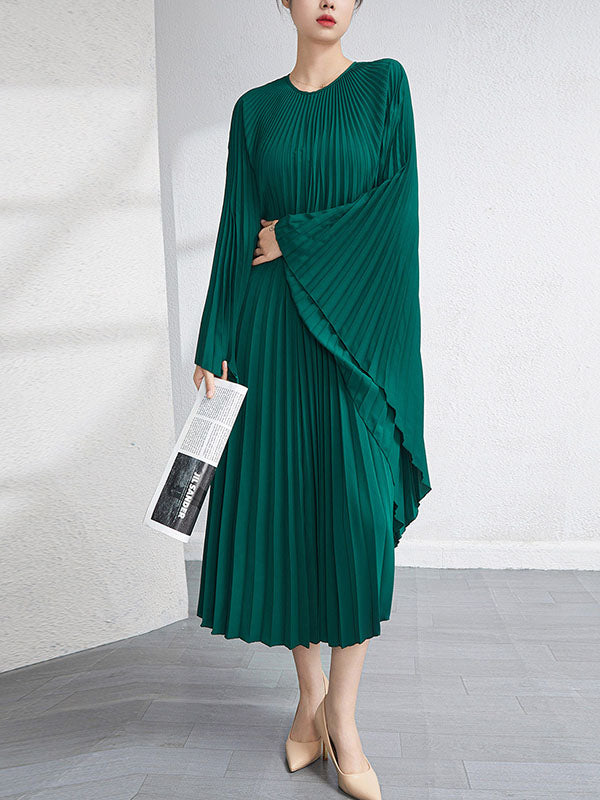 Urban Flared Batwing Sleeves Pleated Solid Color Round-Neck Midi Dresses