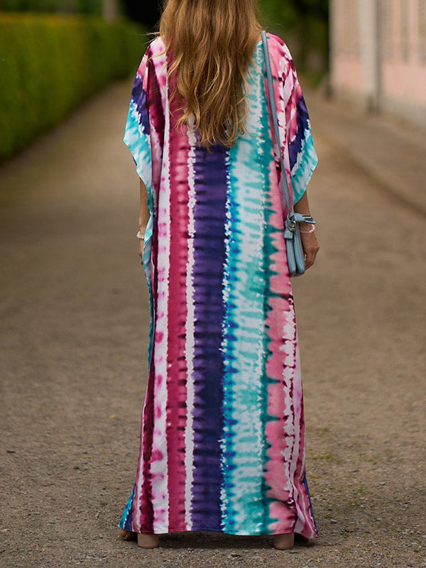 Batwing Sleeves Loose Contrast Color Printed Split-Side V-Neck Beach Cover-Up Maxi Dresses