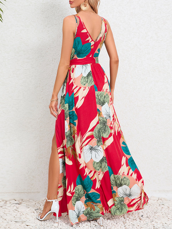 A-Line Loose Flower Print Pleated Split-Front Tied Waist V-Neck Maxi Dresses