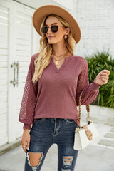 Women Clothing Autumn Winter Waffle Lace Stitching Long Sleeve V-neck T-shirt Top For Women