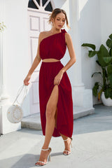 Women Clothing Oblique Shoulder Bow Suit Split Expansion Skirt Dress Two-Piece Set Women