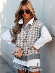 Vintage Sleeveless Plaid V-Neck Knitted Vest Top