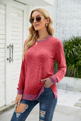 Women Clothing round Neck Multicolor Pocket Long Sleeve Pullover Top Loose-Fitting Casual T-shirt